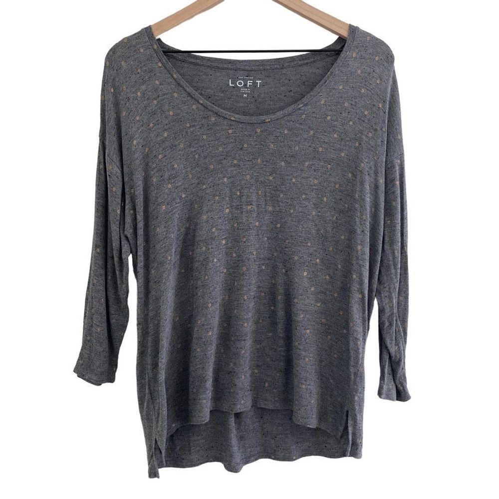 Loft Medium Gray Lightweight 3/4 Sleeve Shirt Metallic Polka Dot Top